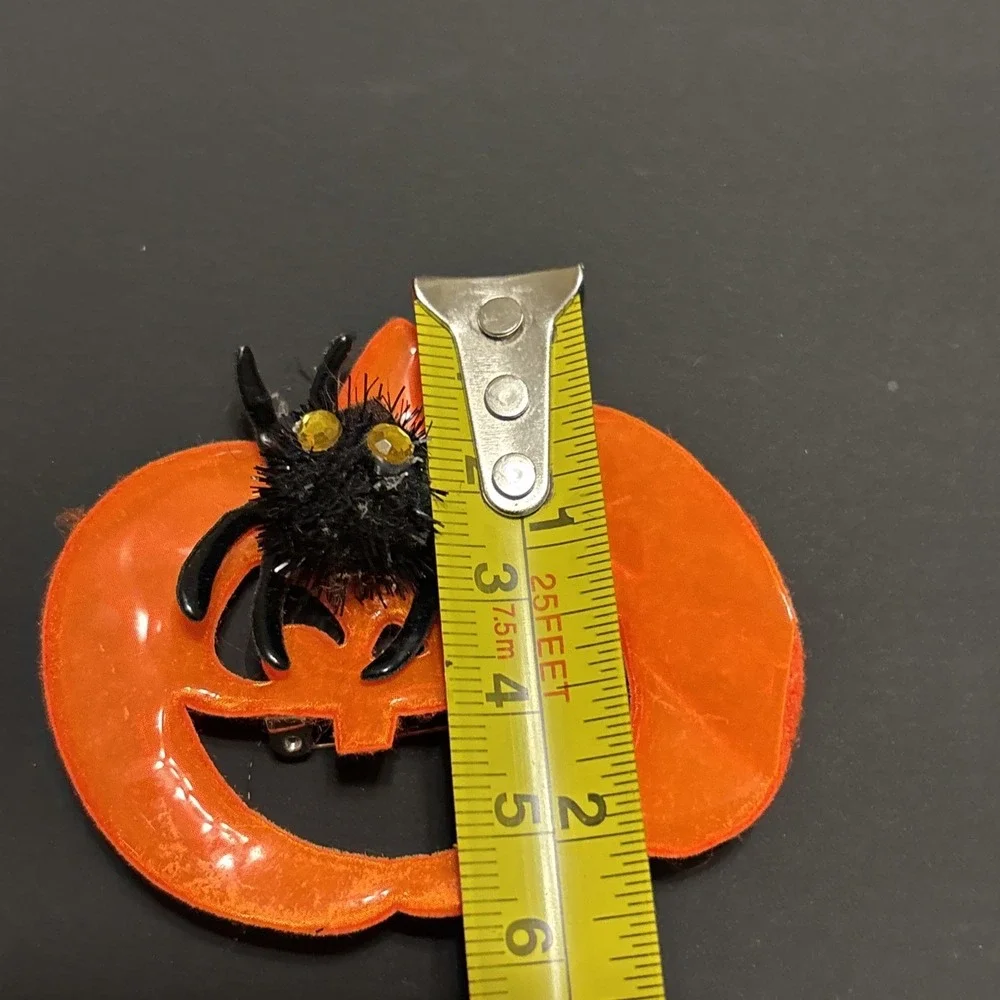 1990s Halloween Orange Enamel Pumpkin Brooch Fuzzy Black Spider Pin